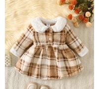 TEMU Vestido de cuadros Winter Sweetheart para bebés, con diseño de felpa de cara, cuello de muñeca delantera , pajarita y bordes de felpa para usar al