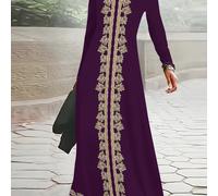 TEMU Vestido de larga con cuello , estilo vacacional elegante, bordado floral de y otoño, de rayas verticales y