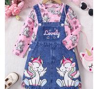 TEMU Vestido de Larga con Estampado 3D de Unicornio Lindo y de Denim - Cuello , Tejido de Punto, Regalo para Fiestas de /Otoño para Jóvenes