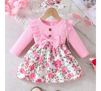 TEMU Vestido de larga con estampado floral rosa para niña, con dobladillo fruncido y varios . Tejido de punto, ideal para otoño/invierno. una que con . Vestido de niña.