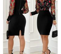 TEMU Vestido de larga de flores bordadas elegantes para mujeres, hendidura asimétrica H-Line de poliéster con tirantes, cuello de tripulación ajuste regular para /verano/otoño