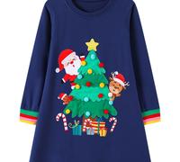 TEMU Vestido de Larga para Niñas con Aplicaciones, Estampado Aleatorio de Árbol de Navidad y Santa Claus, Vestido Básico Casual de Otoño para Exteriores