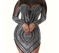 TEMU Vestido de malla semitransparente con pedrería, vestido de fiesta ajustado de larga y cuello sexy, ropa de mujer