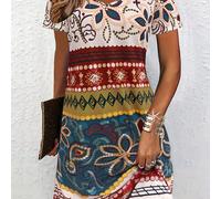 TEMU Vestido de Manga Corta con Cuello en V, Estampado Completo de 2D, Diseño Étnico Elegante, Abstracto, Geométrico y Floral, Transpirable, Vestido Casual , Midi A-Line para Mujer