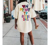TEMU Vestido de Manga Corta para Mujer "En a Mejores Días" con Estampado en - Cuello , Corazones Coloridos, Ajuste , Lavable a Máquina, Tela Transpirable y Cómoda para y Verano