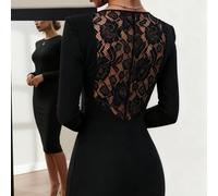 TEMU Vestido de Mujer, Elegante Vestido de Color Sólido de Larga con Cuello y Enchufe de Encaje, Estilo Moderno y Elegante