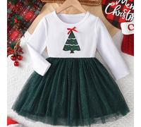 TEMU Vestido de Navidad de larga y cuello red para niñas con de árbol bordado, ideal para uso casual las fiestas