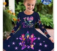 TEMU Vestido de Niñas con Estampado de Kpop y Logos de Estrellas - Lindo Vestido Asimétrico de Larga Ideal para /Otoño, de Baile y Kpop
