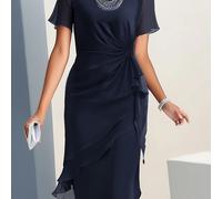 TEMU Vestido de para Mujer Vestido de Invitada de Boda Vestido Midi Azul Manga Corta Color Sólido Volantes Verano Otoño Cuello Moda Oficina Boda Invitada Vacaciones