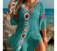 TEMU Vestido de Playa Casual Bohemio para Mujer Talla Grande, Larga con Aplicaciones de Crochet a , Cuello en V, Acampanada y Suelto, Cubierta de Vacaciones