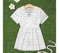 TEMU Vestido de Playa para Niñas Rosa Transparente con Cuello en V y Manga Corta, Diseño , Poliéster , Ideal para Vacaciones en Hawái o Descanso al de , Vestido | Estética | Adornos Elegantes