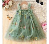 TEMU vestido de princesa bordados florales y de mariposas, con un capa y tirantes con volantes, lo que lo para fiestas temáticos de cuentos