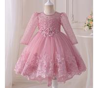 TEMU Vestido de Princesa para Niñas con Encaje y Detalles de Cuentas - Elegante Vestido de Larga de Red para , Piano, Aves Formales, Vestido de de Poliéster para Todas , Vestido de Invitada de Boda