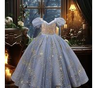 TEMU Vestido de Princesa | Vestido Elegante de Manga Corta Estilo Europeo y Americano para Niñas con Lentejuelas , Tela No Elástica, Cinturón y en el Pecho
