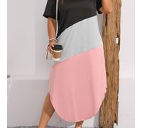 TEMU Vestido De Tallas Grandes Con Dobladillo Curvado A Bloques De Color, Vestido Casual De Cuello En V Y Cortas Para Y Verano, Ropa De Tallas Grandes Para Mujer