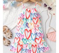 TEMU Vestido de tirantes para niñas 2025 con estampado de corazones - Romántico y , dobladillo con volantes, tejido no elástico, para vacaciones, , regalos de , vestido de suspensión de spaghetti.
