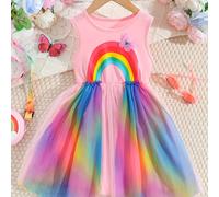 TEMU Vestido de tul de sin para niñas con adornos de y - Tejido y no elástico, diseño de bloques vibrantes para ropa de juego casual de /verano, adornos de , para exteriores.