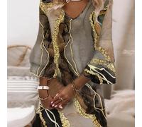 TEMU Vestido de /Verano 2025 Estilo Francés Vintage Elegante con Estampado de Mármol, Vestido de Vacaciones Estilo Étnico con Cuello en V, Acampanada de Capa y Estampado