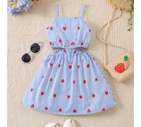 TEMU Vestido de y Verano para Niñas con Rayas , Diseño de Rayas Azules y Blancas Combinado con Adornos de Estampado de Fresas y Detalles que Ver la Cintura, Mostrando y Dulzura