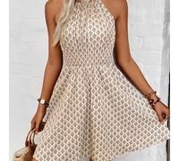 TEMU Vestido Elegante Sin de Youduomi para Mujer con Estampado Geométrico - Cintura Fruncida y Dobladillo Acampanado, Lavable a Máquina, Vestido Casual o Formal de Media para Todas , Moda TodoelAño