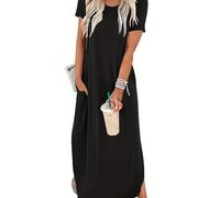 TEMU Vestido Holgado De Cuello De Un Color, Vestido Maxi Versátil Con Dobladillo Curvado Para Y Verano, Ropa De Mujer