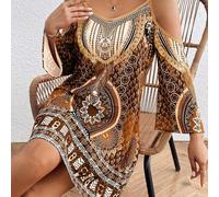 TEMU Vestido Largo con Hombros Descubiertos Estilo Boho Chic - Estampado Tribal Geométrico, Marrón y Dorado, Vestido Corto Casual para Mujeres, Lavable a Máquina, Ajuste para Todas