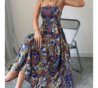 TEMU Vestido Largo con Tirantes y Estampado de Paisley Elegante para Mujer - Diseño Floral en Azul , y Dorado, Sin , Ropa de Playa para Vacaciones, Lavable a Máquina, Colección /Verano
