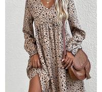 TEMU Vestido largo de larga con estampado floral elegante y cuello en V para mujer, 100% tejido de poliéster, vestido midi de otoño con línea A y mangas con volantes.