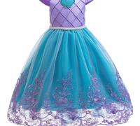 TEMU Vestido Largo de Manga Corta para Niñas Princesa | Tela No Elástica con Diseño de Bordado Floral y Malla para /Verano