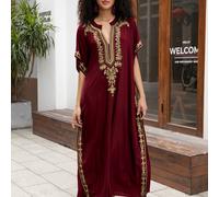 TEMU Vestido Largo de Playa con Cuello en V Bordado , Manga Corta y Talla Grande para Mujer - Kaftán Plus Size Q1667