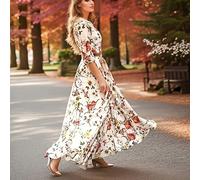 TEMU Vestido Largo Maxi para Mujer - de 3/4, Estampado Floral, , Casual, Vacaciones Calientes, Vestidos Elegantes con Farol y Volante