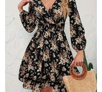 TEMU Vestido Maxi Elegante de Mujer con Cuello en V y Estampado Floral, Abullonadas - & Floral Dorado, Silueta A-Line de Larga, Vestido Versátil para Todas para un Uso Casual