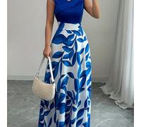 TEMU Vestido maxi elegante de mujer con cuello en V y estampado floral, corte en A, con bolsillos - verde y de hojas, cortas, diseño que realza la cintura, para el verano