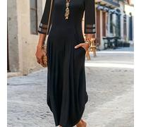 TEMU Vestido Maxi Elegante para Mujer con Dobladillo Curvado y Bolsillos - Ajuste Delgado, Poliéster Elástico, Lavable a Máquina - Color Sólido Versátil para Todas