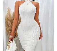 TEMU Vestido Midi Ajustado Elegante Verde para Mujer - Cuello Chic, Sin , Elasticidad, Ajuste y Delgado, Acanalada, para de //Otoño