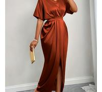 TEMU Vestido Midi Elegante de Satén Marrón con Escote en V y de Cierre Trasero y Cremallera, Manga Corta, Elasticidad, Lavable a Máquina - para y Verano, Moda Femenina