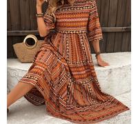 TEMU Vestido Midi Elegante para Mujer con Cuello en V y Estampado Geométrico - , Acampanado A-Linea, Terrosos, Ajuste Regular para Ocasiones Casuales y Formales, Moda Versátil, Duradero