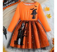 TEMU Vestido Naranja Encantador para Niñas de Halloween con Sobrecapa de Malla Negra - Larga, la con y Diseño de Casa , para Celebraciones Festivas y
