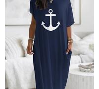 TEMU Vestido para mujer con cuello , corte regular/estilo con hombros descubiertos, casual, para vacaciones o viajes diarios, con largas, manga corta, gran y bolsillos, en color azul