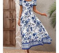 TEMU Vestido para Mujer con Estampado Floral, Escote Cuadrado y Fruncido - Vestido Transpirable para Playa, Fiestas en el Jardín, Salidas Casuales, Noches Elegantes, Diseño Intrincado y