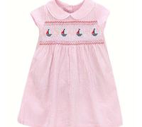 TEMU Vestido para niñas con rayas rosas, manga corta, con un lindo de barco a vela bordado de dibujos animados y tejido transpirable, para uso casual