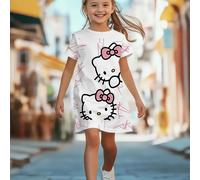 TEMU Vestido para niñas de manga corta, estilo minimalista moderno con estampado de Hello Kitty, vestido de manga corta moderno y para niñas