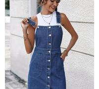 TEMU Vestido peto vaquero ajustado para mujer, estilo elegante con botones en la parte delantera y de bolsillos, peto vaquero de un solo pecho