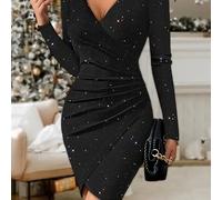 TEMU Vestido Sexy de Larga con Escote en V y Cruzado Frontal - Vestido Ajustado con Dobladillo Fruncido para Mujer, Semi-Transparente para Fiestas y Noches, Lavable a Máquina (/Verano/Otoño)