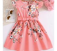 TEMU Vestido sin con estampado floral de con cinturón - Color rosa holgado con cuello para salidas , vestidos para niñas, tejido no elástico.