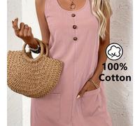 TEMU Vestido sin de color sólido para mujer, con bolsillos de parche y decoraciones de botones, diseñado para la comodidad con un estilo fácil y dos bolsillos