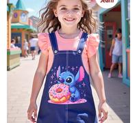 TEMU Vestido Sin de Denim con Estampado de BabyStitch para Niñas - Vestido Casual A-Line la , Ideal para Verano Otoño, Fiestas y Viajes, Ropa Cómoda Infantil Duradera, Outfit para Fiestas Disney