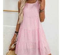 TEMU Vestido sin de estilo bohemio con ribete de volantes, corte A, estampado de cuadros rosa y , cuello , corta, poliéster para mujer, ideal para atuendos informales o elegantes.