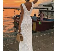 TEMU Vestido Suéter Blanqueado con Cuello en V y Abertura para Mujer, Colección /Verano 2025, Diseño Delgado y Micro-Transparente, Ideal para Festivales de Sexy y Vacaciones en .