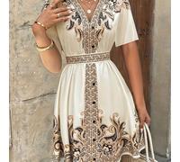 TEMU Vestido vintage floral con cuello en V y cintura con para mujer, con cortas, y de poliéster, ideal para /verano, para atuendos informales o elegantes, vestido lindo.